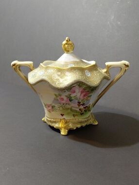 Vintage Noritake Hand Painted Porcelain Double Handle Covered Sugar Bowl